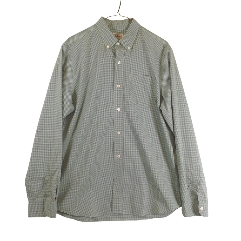 LL Bean Mens Slightly Fitted Gingham Button Down Shirt Green White M 510005